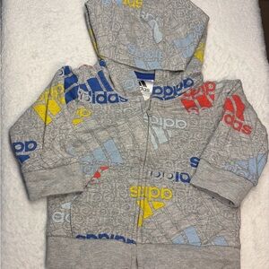 adidas Kids Gray Zip Hoodie with Multicolor Logo Print
